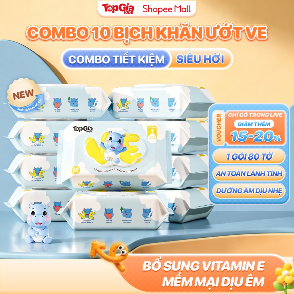 Thùng 10 gói khăn ướt vitamin E TopGiaKids cho em bé, không cồn, không parabens, không mùi cao cấp