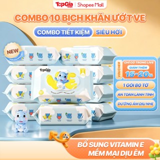 Thùng 10 gói khăn ướt vitamin E TopGiaKids cho em bé, không cồn, không parabens, không mùi cao cấp