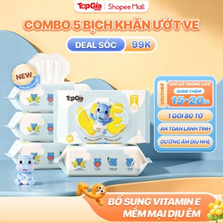 Thùng 5 gói khăn ướt cao cấp cho bé VE Topgiakids 80 tờ, bổ sung tinh chất Vitamin E dưỡng ẩm dịu êm