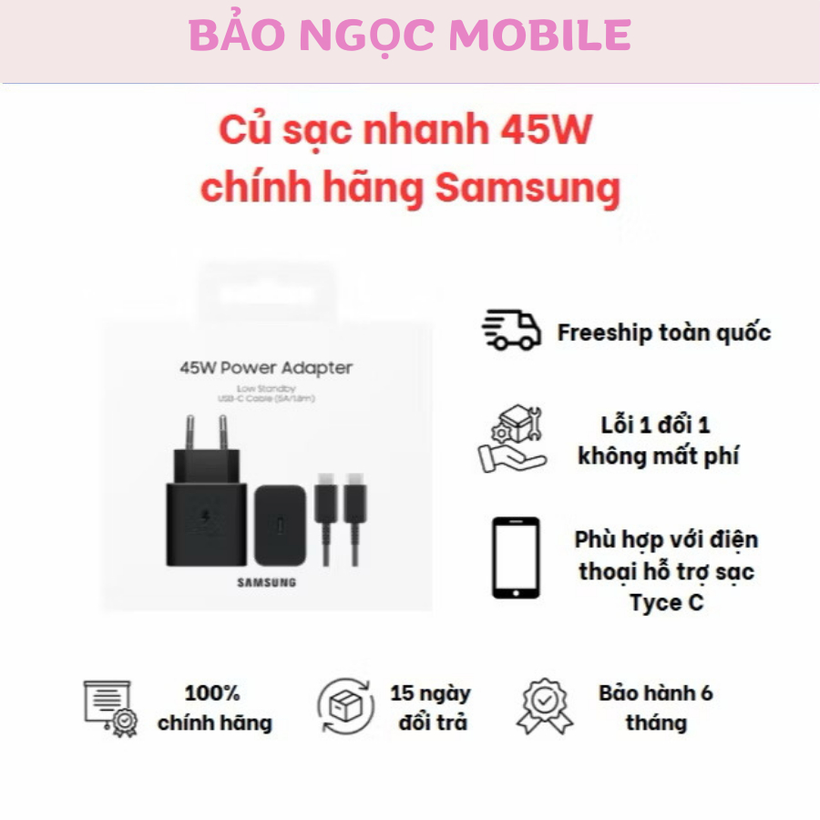 Bộ sạc nhanh 45W Samsung chính hãng FULLBOX dây 5A 1m8 - Bảo hành 12T