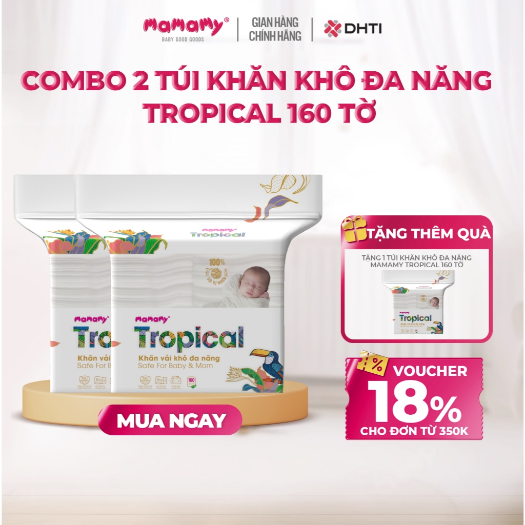 Khăn khô cao cấp cho bé Mamamy 100% sợi tự nhiên và rayon Tropical gói 160 tờ mềm, dai, sạch cực
