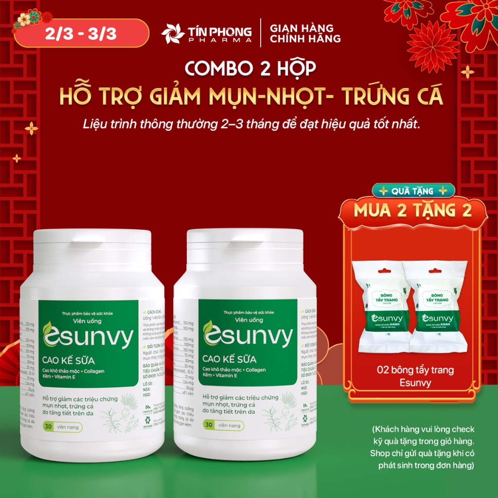 TPBVSK Esunvy Hỗ Trợ Giảm Bã Nhờn, Hỗ Trợ Giảm Mụn Combo 2 Hộp 30 Viên