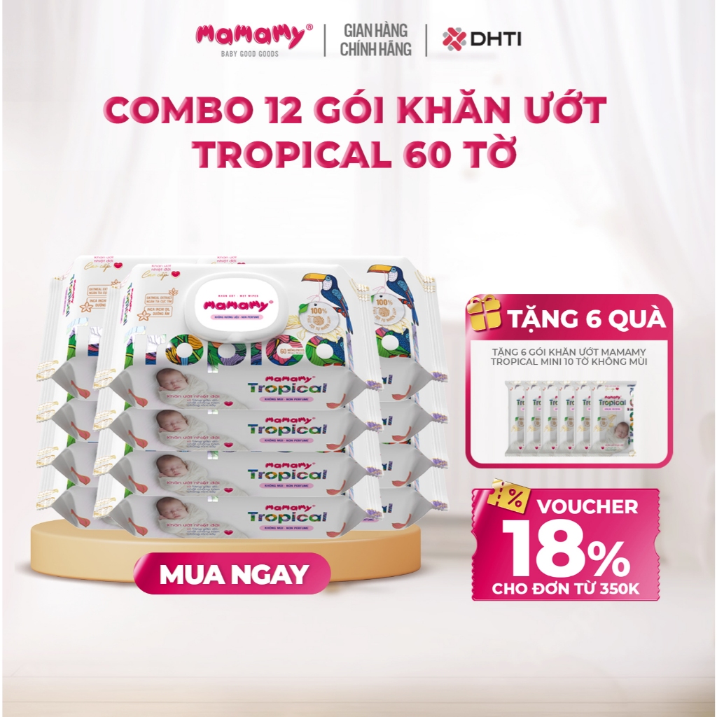 Khăn ướt cao cấp cho bé Mamamy Tropical gói 60 tờ 100% sợi tự nhiên và rayon ngừa hăm, mềm dai sạch cực