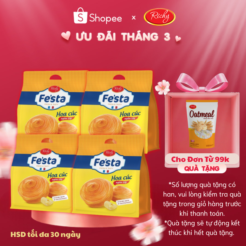 [Quà Tặng Đơn 99k] Combo 4 Túi Bánh Tươi Festa Hoa Cúc Ngàn Lớp 2 Vị