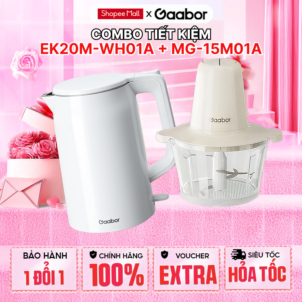 Combo Gaabor Bình đun nước siêu tốc inox 304 EK20M-WH01A Máy xay thịt thực phẩm đa năng MG-15M01A