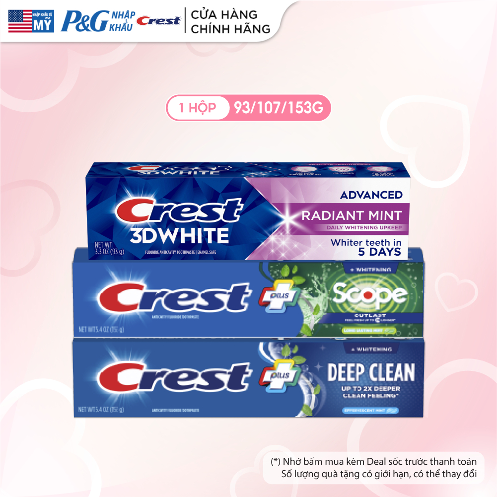 Kem Đánh răng CREST 93/107/153g/161g/323g 3D White/Plus/Complete trắng sáng, ngăn ngừa vôi răng (hộp đơn/hộp đôi) - Mỹ