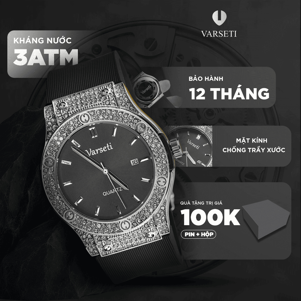 Đồng hồ nam Varseti Đồng hồ đeo tay nam thiết kế sang trọng chống nước bền bỉ đính đá vỏ thép không gỉ - m102