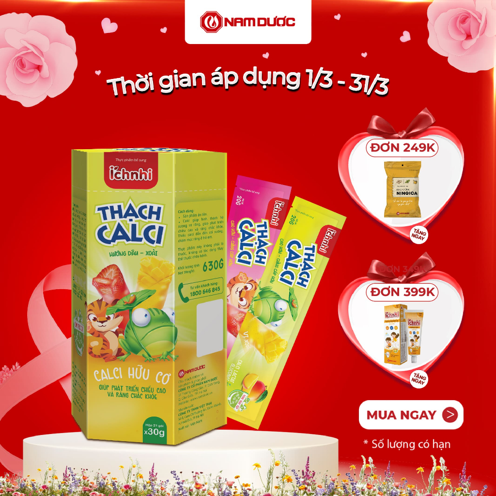 Thực phẩm bổ sung Ích Nhi Thạch calci hương dâu/ hương xoài, hộp 21 túi x 30g, bổ sung calci hữu cơ 