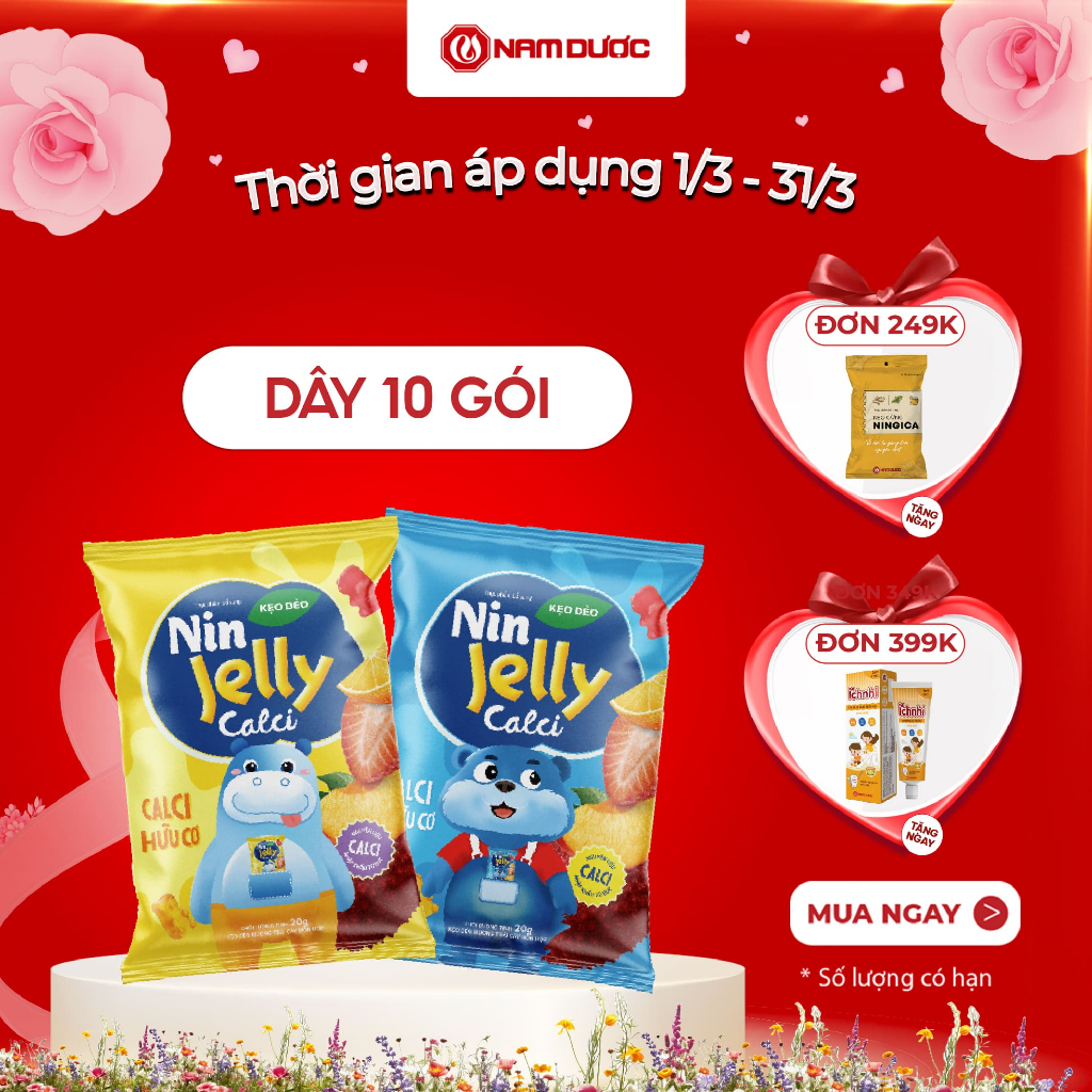 Thực phẩm bổ sung Kẹo dẻo Nin Jelly Calci, dây 10 túi x 20 g , bổ sung calci hữu cơ cho bé