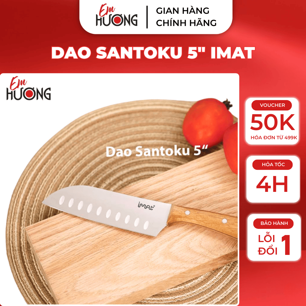 Dao Santoku Nhỏ Lưỡi Dao 5" Imat Cán Gỗ An Toàn Bền Đẹp, Dao Bếp Lưỡi Thép Không Gỉ Mỏng Sắc Bén | E