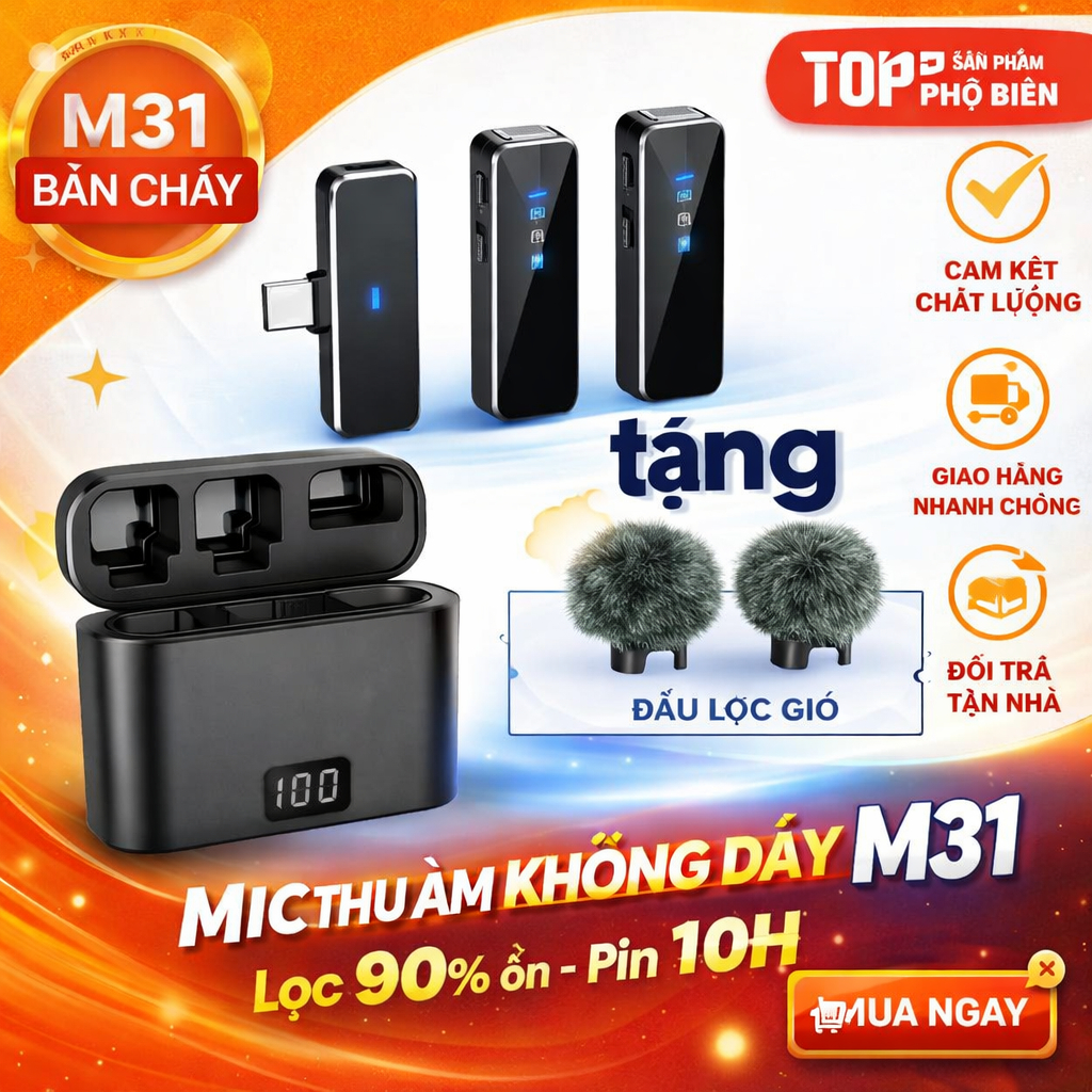 Mic Thu Âm Không Dây Cho Điện Thoại M31 - Bật Tắt Lọc Ồn - Micro Ghi Âm