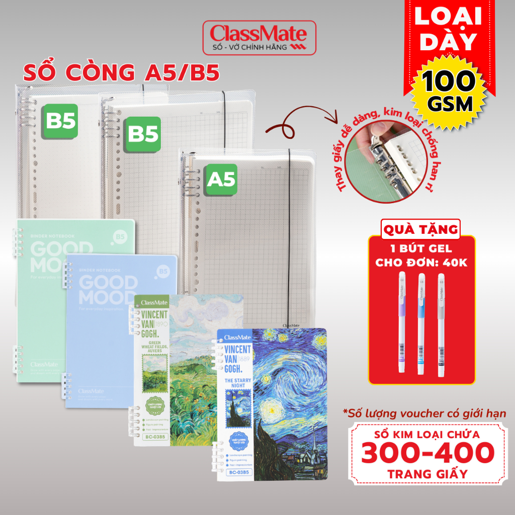 Sổ Còng A5 B5 Kèm Giấy Refill 100GSM Classmate, Binder Chống Han Rỉ Làm Sổ Tay Sổ Ghi Chép Planner BC01