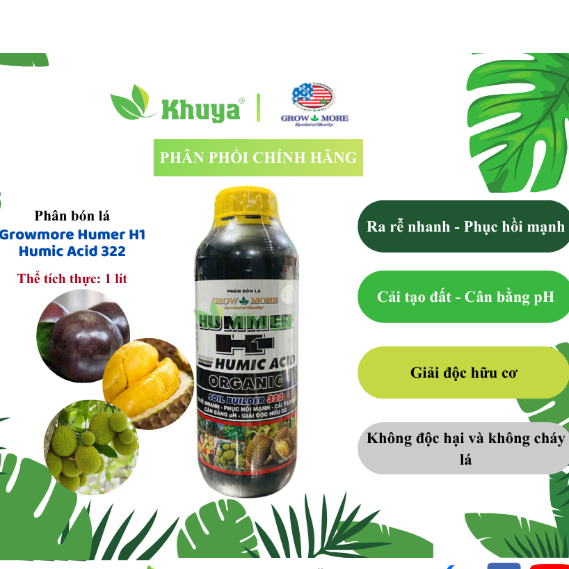 Phân bón lá Growmore Humer H1 Humic Acid 322 loại 1 lít