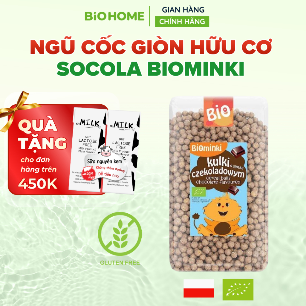 Ngũ cốc giòn vị socola hữu cơ Biominki - Nhập khẩu Ba Lan,100% chứng nhận EU Organic, giòn tan, cho bé từ 3Y (300g)