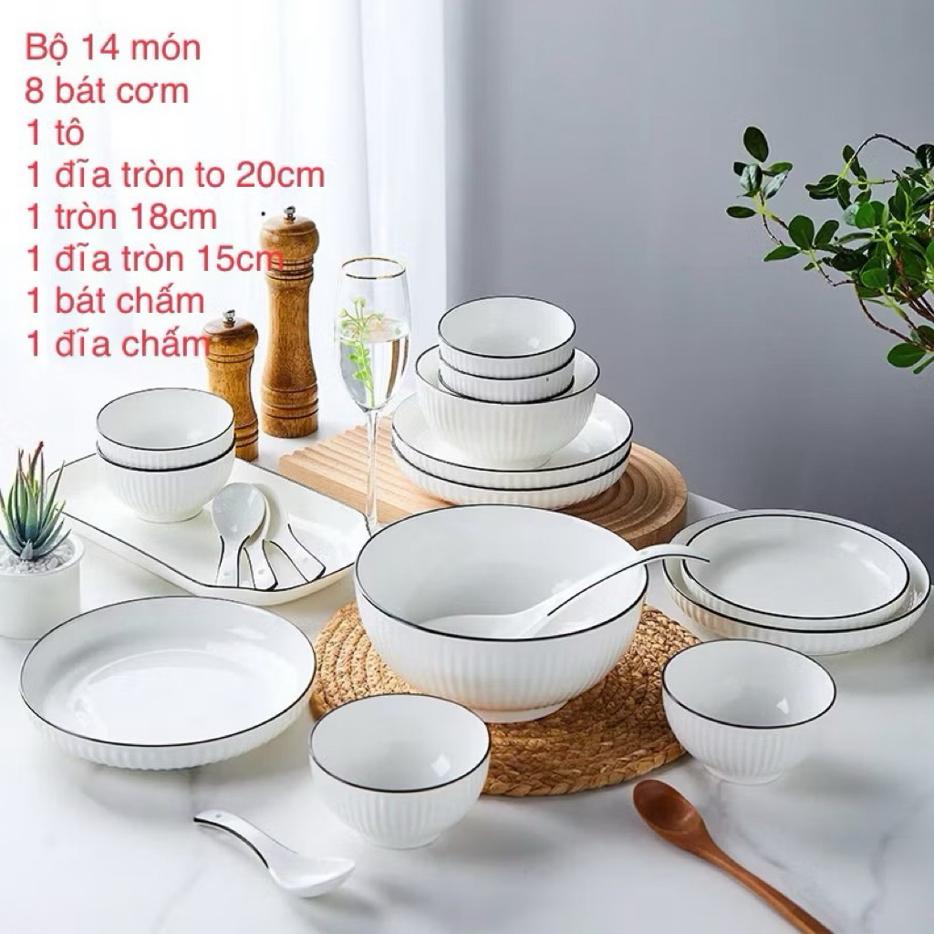 Bán lẻ Bộ Bát Đĩa Trắng Viền Đen Thương Hiệu bát tràng nước men sáng bóng, rẻ, đẹp, Hàng Loại 1ran