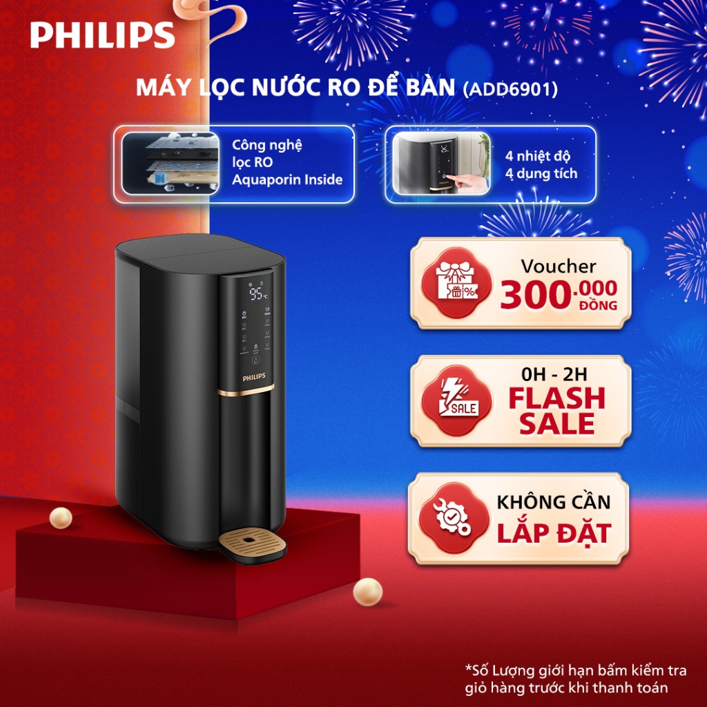 [HÀNG CHÍNH HÃNG] Máy lọc nước RO để bàn PHILIPS ADD6901 màu đen - Công Nghệ lọc RO Aquaporin Inside®, làm nóng 3s