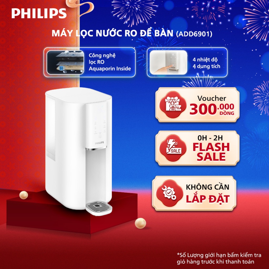 [HÀNG CHÍNH HÃNG] Máy lọc nước RO để bàn PHILIPS ADD6901 màu trắng - Công Nghệ lọc RO Aquaporin Inside®, làm nóng 3s