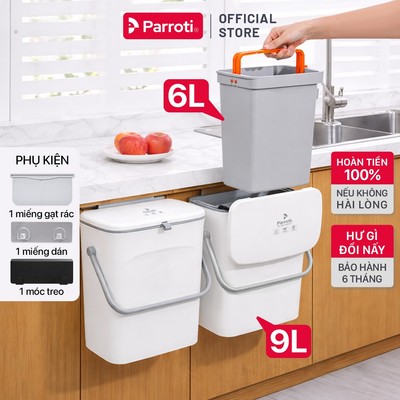 Thùng rác treo tủ bếp có ruột rời nút bấm thông minh tiện dụng, dán tường phòng tắm, toilet có quai xách Parroti - BN01