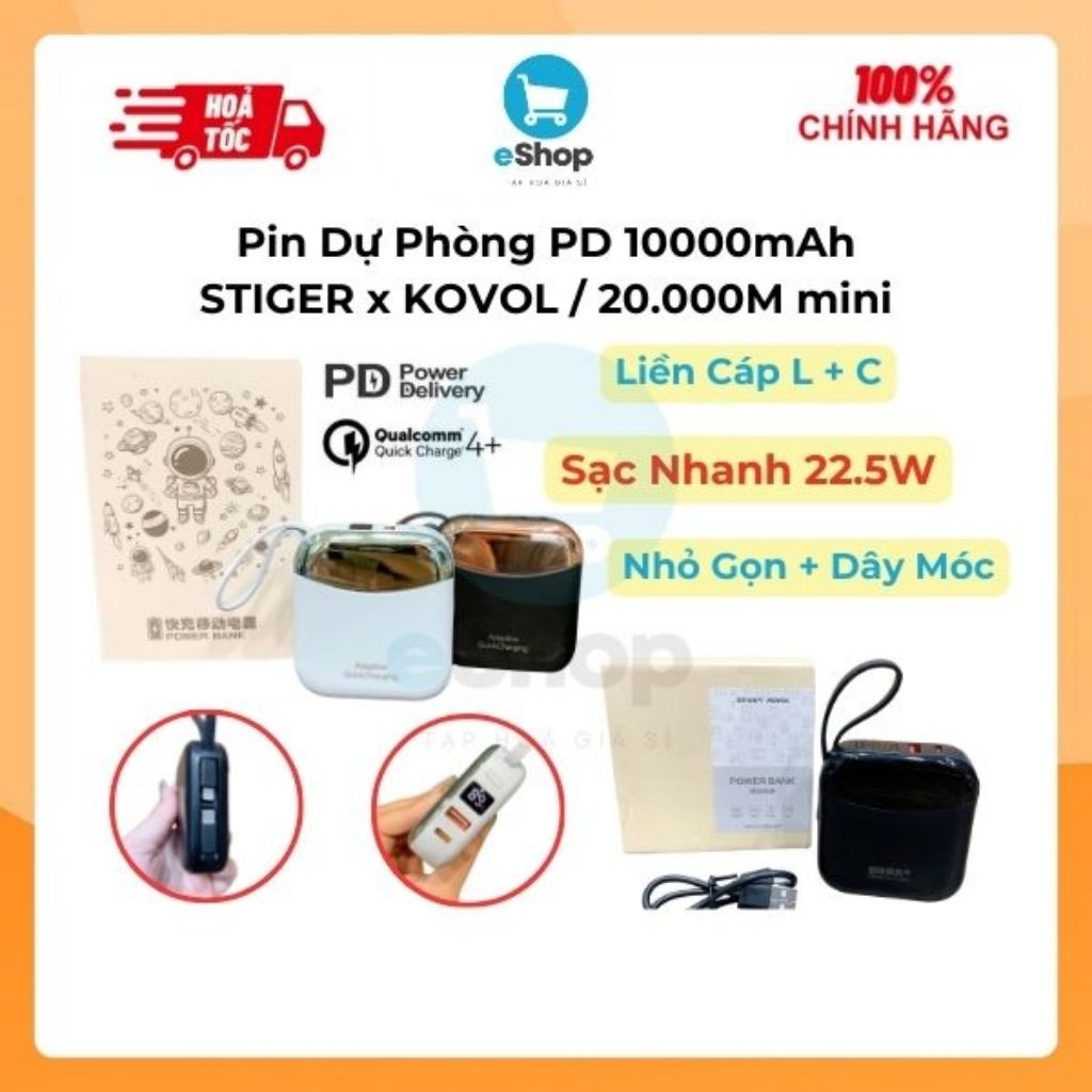 Pin Sạc Dự Phòng STIGER x KOVOL / 20.000M Mini 10.000mAh Sạc Nhanh 22.5W Liền Dây Cáp L & C Chuẩn 3C