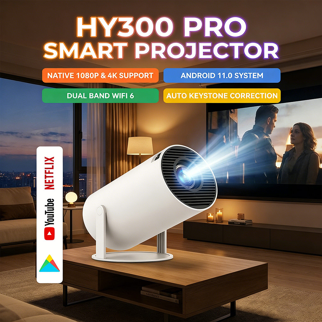 Máy chiếu mini HY300/HY300pro Android 11 Full HD 4K Tự động Keystone WiFi 2.4/5G Kết nối điện thoại 
