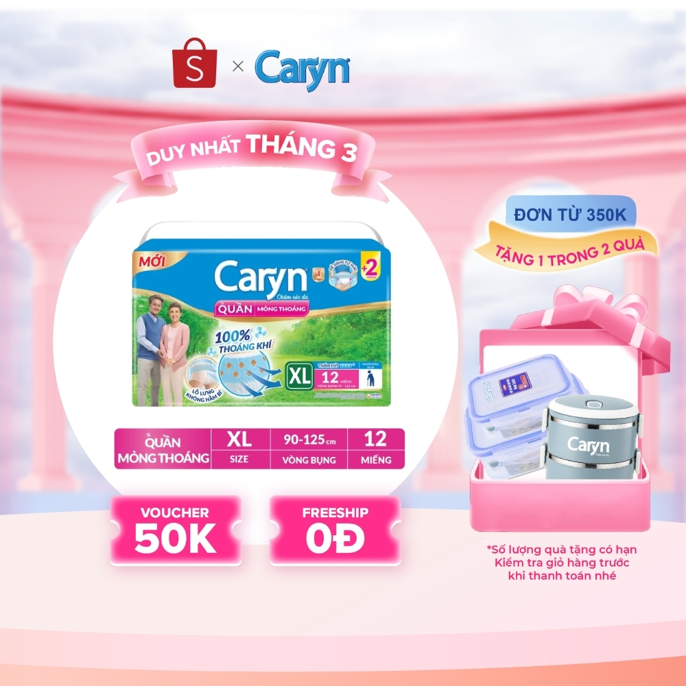 [Tặng Miếng Ngẫu Nhiên] Tã Quần Người Lớn Caryn Mỏng Nhẹ/ Mỏng Thoáng Chống Tràn, Người Tự Đi Lại Size XL12/XL24/XL20