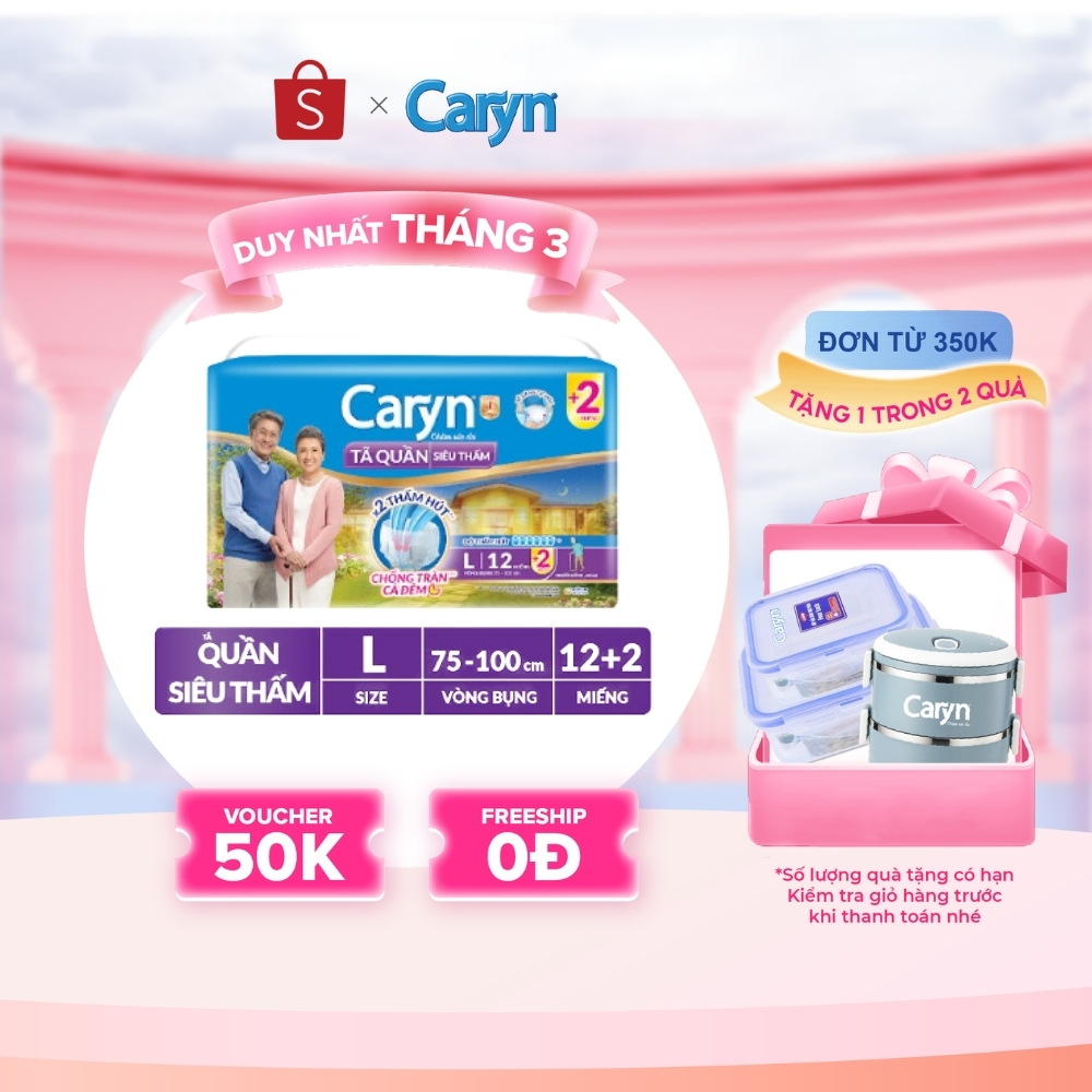 [Tặng Miếng Ngẫu Nhiên] Tã/Bỉm Quần Người Lớn Caryn siêu thấm dành Cho Người Già Size L 12 miếng