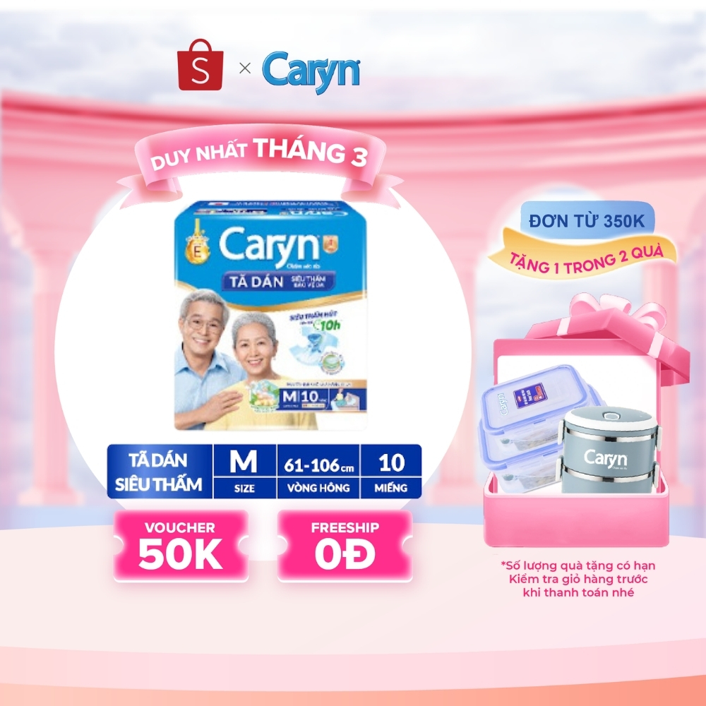Tã/Bỉm dán người lớn siêu thấm Caryn dành cho người hạn chế khả năng đi lại Size M (10/20/40pcs) (tặng miếng ngẫu nhiên)
