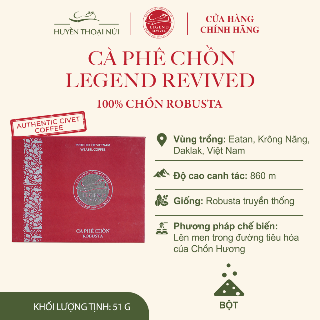 Cà Phê Chồn Cao Cấp Legend Revived - 100% Authentic Civet Coffee Robusta -  Lên men tự nhiên kỳ diệu - Hộp 51g