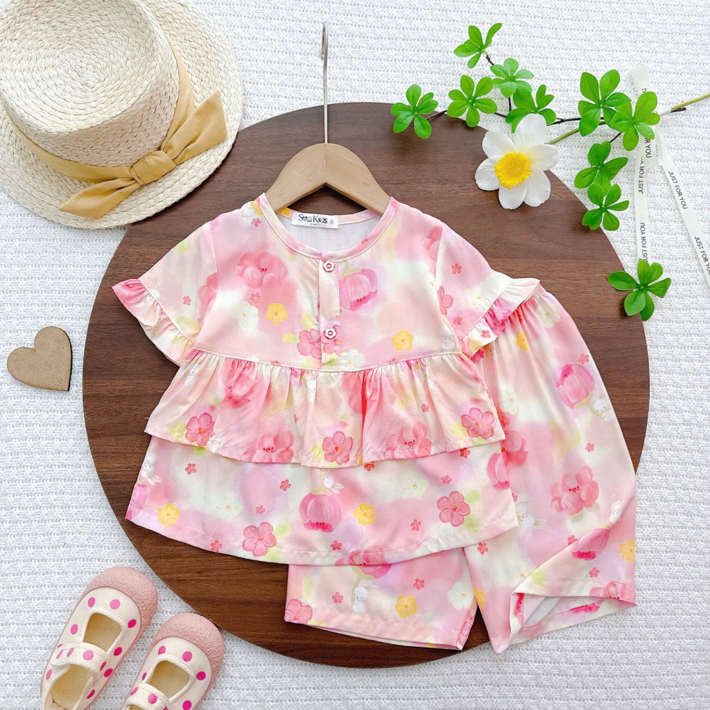 SK Bộ Tole quần lửng tay ngan cho bé gái chất lanh 2 da mềm mịn mát mùa hè