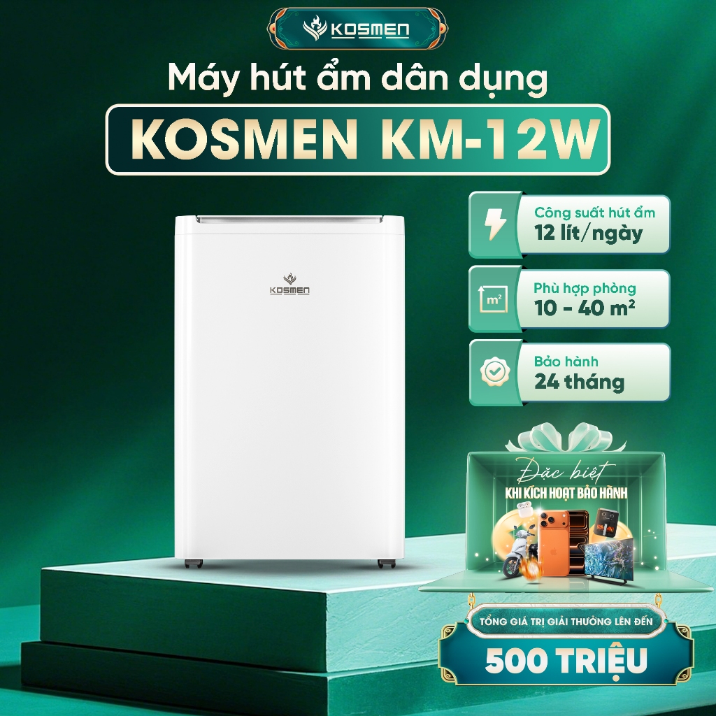 Máy Hút Ẩm Dân Dụng Kosmen KM-12W – 12L/Ngày, Vận Hành Êm Ái, Có Wifi & Sấy Quần Áo – Phòng 40m2 - Bảo Hành 2 Năm