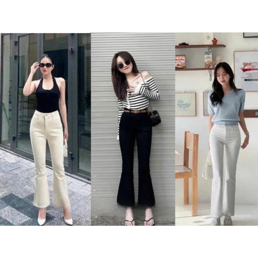 Quần jean ống loe cạp cao, tôn dáng bigsize co giãn 4 chiều 4 màu đen, trắng, be, nâu (loại 1)