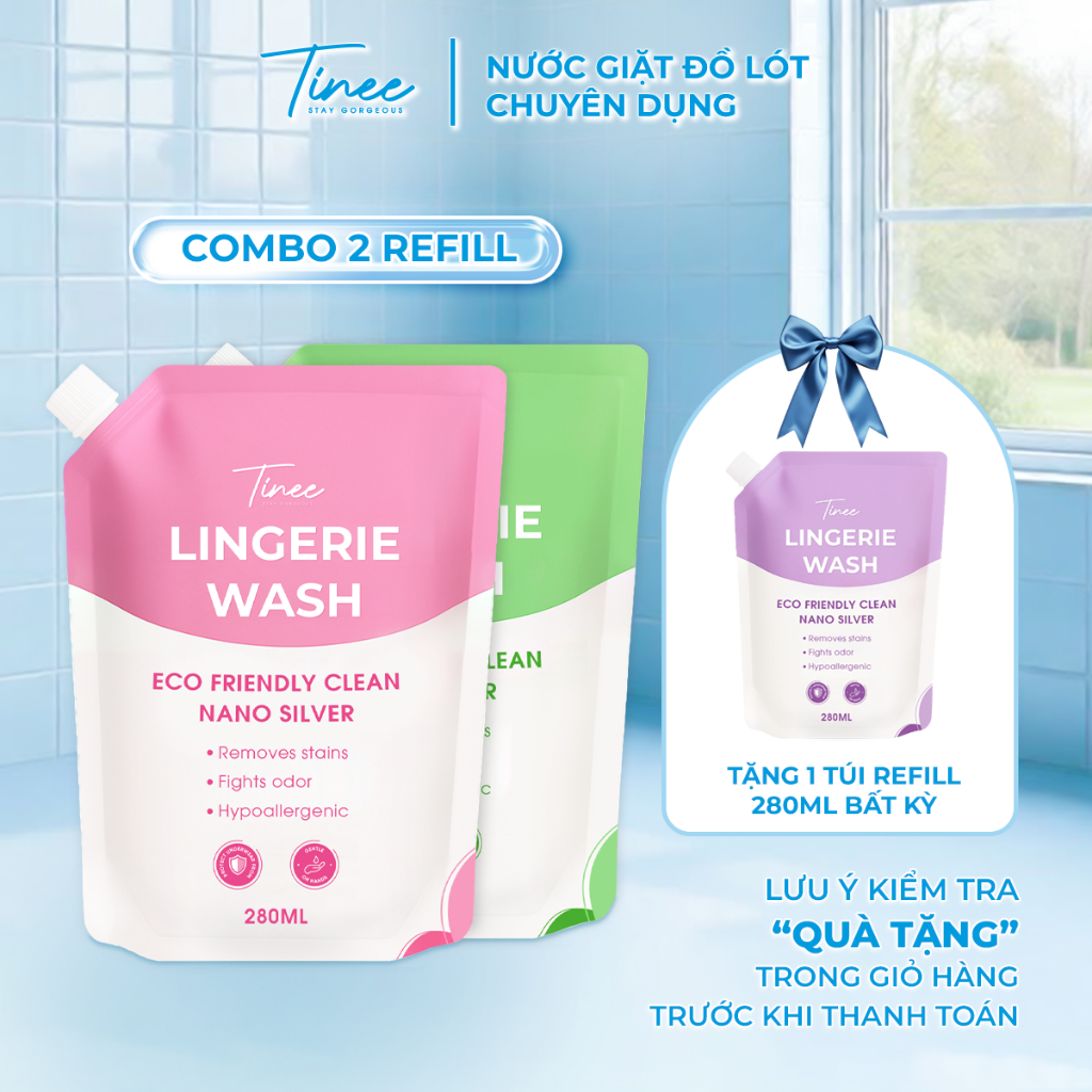 [MUA 2 TẶNG 1] Túi refill - Nước Giặt Đồ Lót Chuyên Dụng Tinee 280ml Nano Bạc Hạn Chế Nấm Khuẩn
