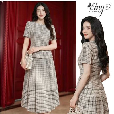 Set Áo Váy Thiết Kế EMY Thời Trang Cao Cấp EM4092 Chất Tuypsi Caro Nền Trắng Caro Đen