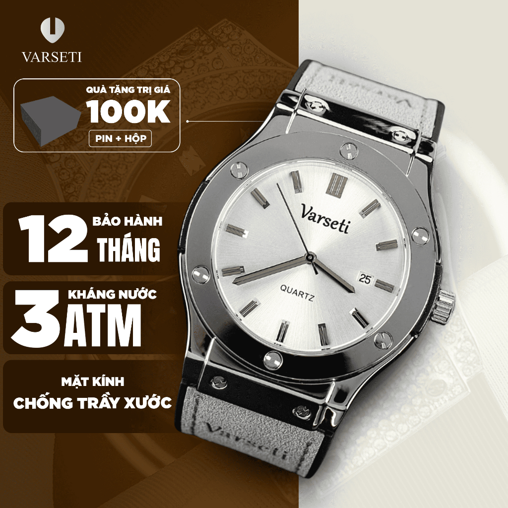 Đồng hồ nam chính hãng Varseti Đồng hồ dây da sang trọng chống nước 3atm vỏ thép không gỉ khóa chữ H - m158