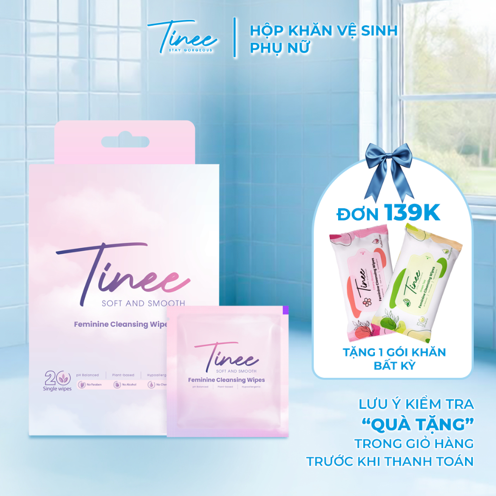 Hộp 20 Gói Khăn Ướt 1 Tờ Vệ Sinh Phụ Nữ Tinee Dịu Nhẹ và Loại Bỏ Vi Khuẩn Gây Mùi (1 tờ/ 1 gói)