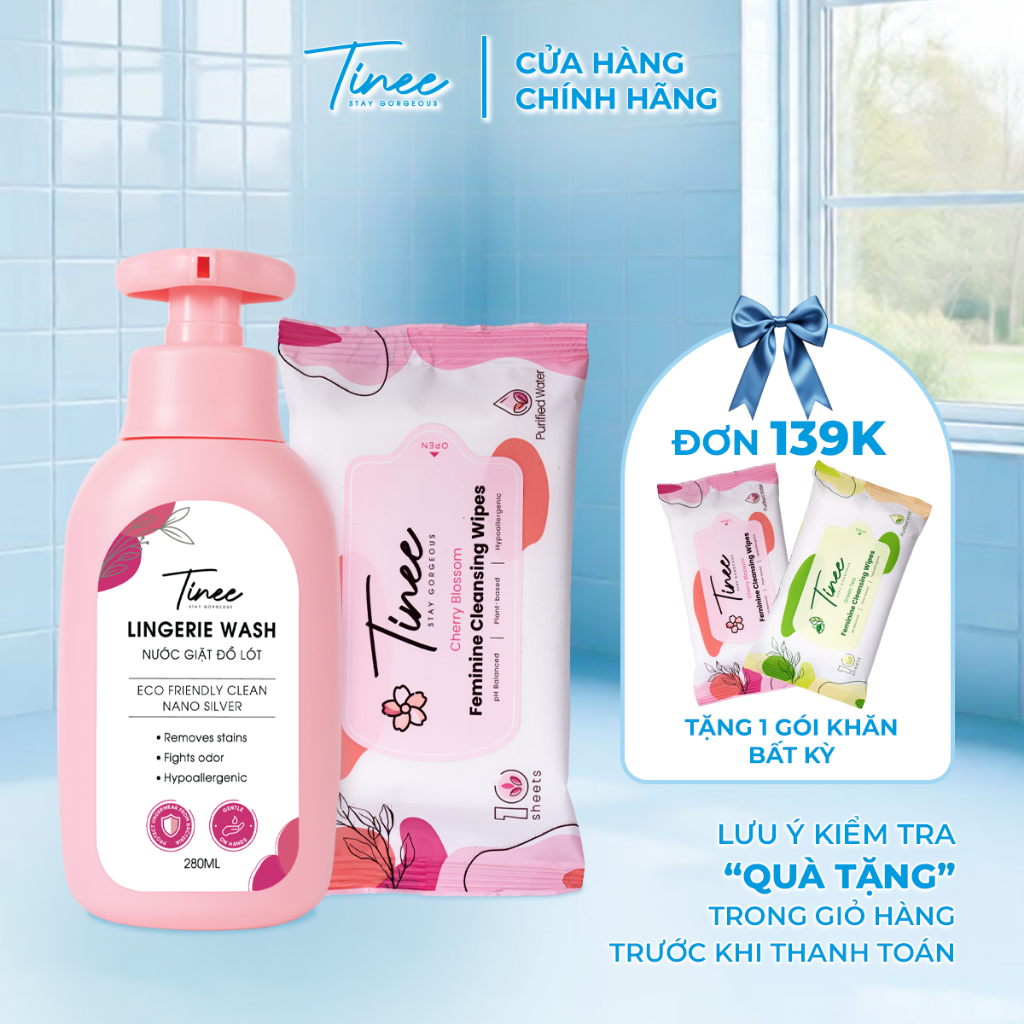 Combo 1 Nước Giặt Đồ Lót Chuyên Dụng Và 1 Gói Khăn Ướt Vệ Sinh Phụ Nữ Tinee Hoa Anh Đào 10 tờ/Gói