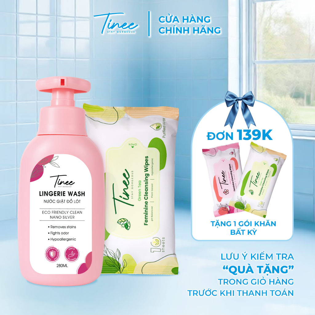 Combo 1 Nước Giặt Đồ Lót Và 1 Gói Khăn Giấy Vệ Sinh Phụ Nữ Tinee Trà Xanh 10 tờ/gói