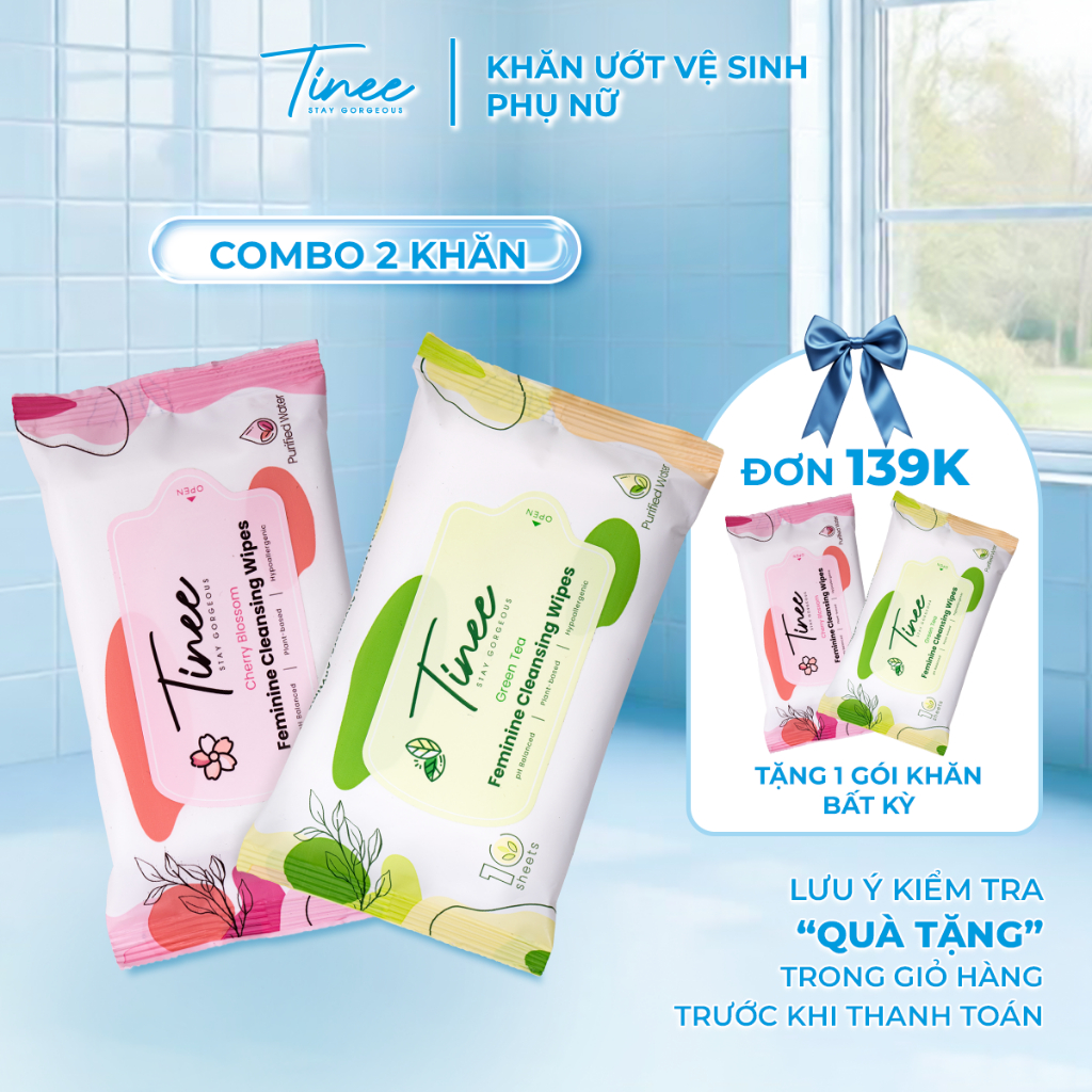 Combo 2 Gói Khăn Giấy Ướt Vệ Sinh Phụ Nữ Tinee - Giúp Làm Sạch, Loại Bỏ Vi Khuẩn Gây Mùi (10 tờ/gói)