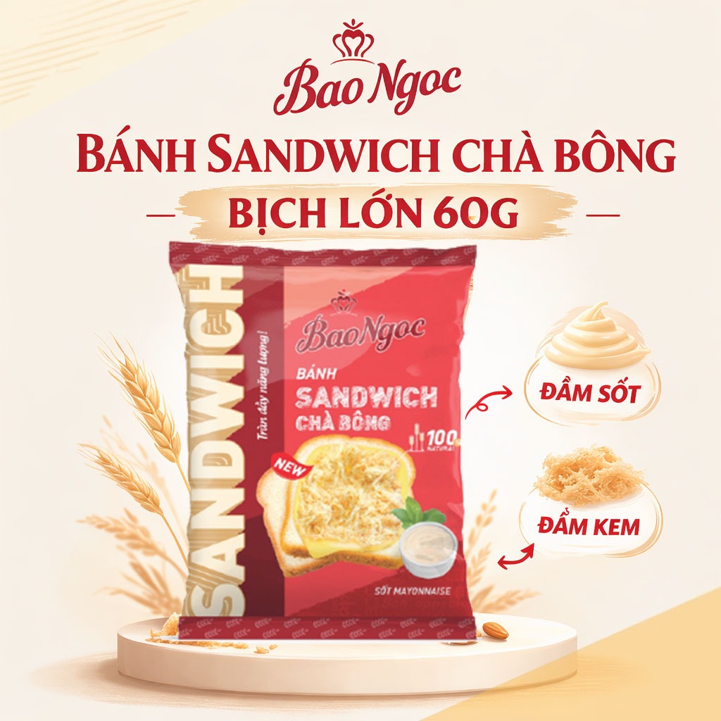[60g -1-5 Chiếc] Bánh Mì Sandwich Chà Bông Bịch Lớn nhiều ruốc, nhiều kem Bảo Ngọc (60g)