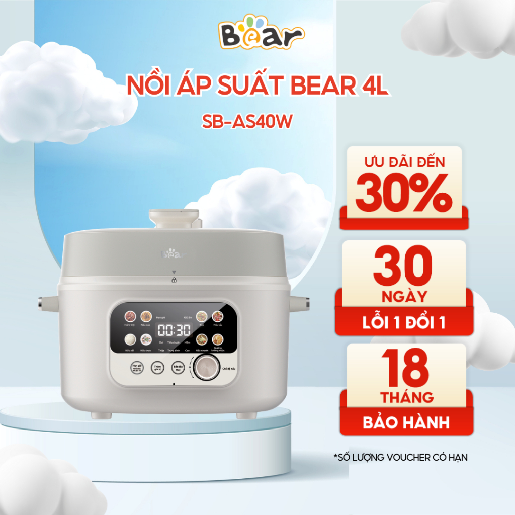 Nồi Áp Suất 4L Bear 8 Chế Độ Đa Năng Ninh Hầm Lẩu Nướng Sôi Nhanh Chống Dính Dễ Vệ Sinh SB-AS40W
