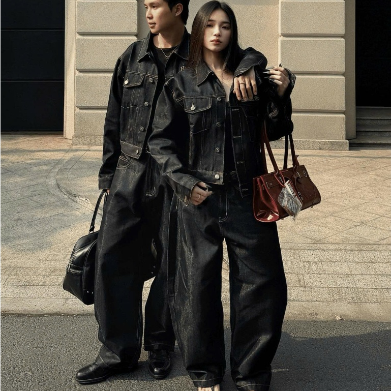 Set raw denim HAVEN STUDIO form rộng nam nữ chất Jeans Denim, quần jeans ống cong và áo khoác jeans
