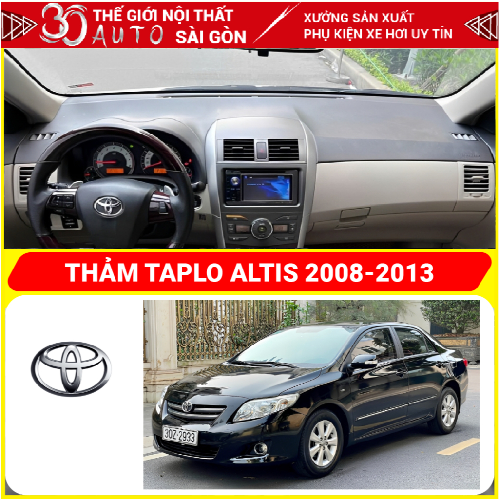 Thảm taplo Toyota Altis 2008 - 2013 da carbon, da vân gỗ đen, nhung cừu cao cấp, chuẩn form