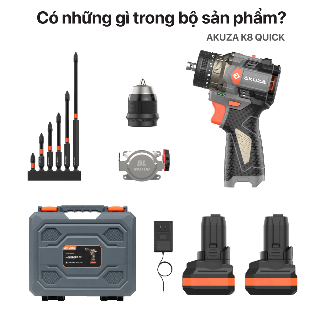 Máy Khoan AKUZA K8 QUICK Pro - Khoan 16,8V, Có Búa, Đầu Kẹp 10mm,Tặng bộ mũi vít