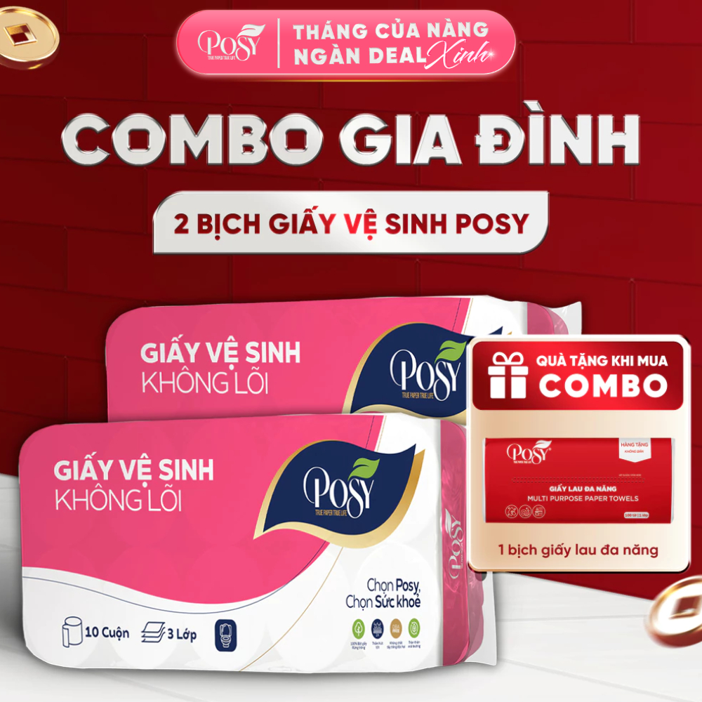 POSY_[COMBO GIA ĐÌNH] - MUA 2 BỊCH GVS POSY 10 CUỘN 3 LỚP CÓ LÕI - KHÔNG LÕI mềm mịn, tiết kiệm cho gia đình