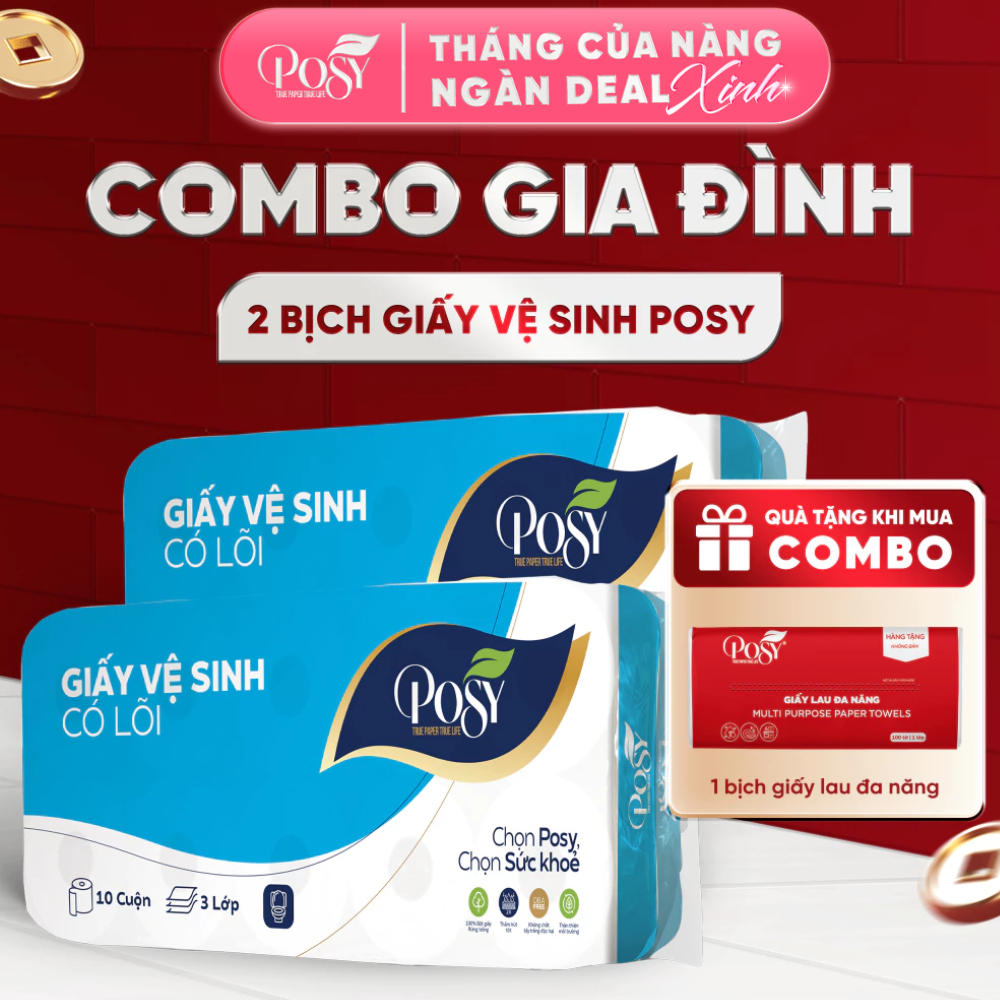 POSY_COMBO GIA ĐÌNH - 2 bịch Giấy vệ sinh POSY 10 cuộn 3 lớp không lõi - có lõi mềm mịn, DỄ TAN TRONG NƯỚC