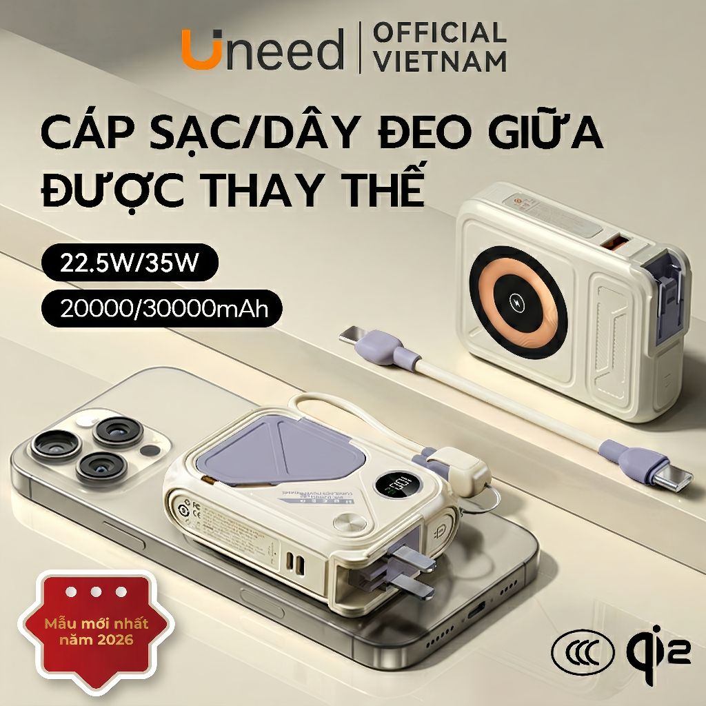 【Qi2+CCC】Sạc Dự Phòng UNEED 30000/20000mAh Sạc Nhanh PD 20W 35W Sạc Không Dây, Cục Sạc Dựng Phòng Đầ
