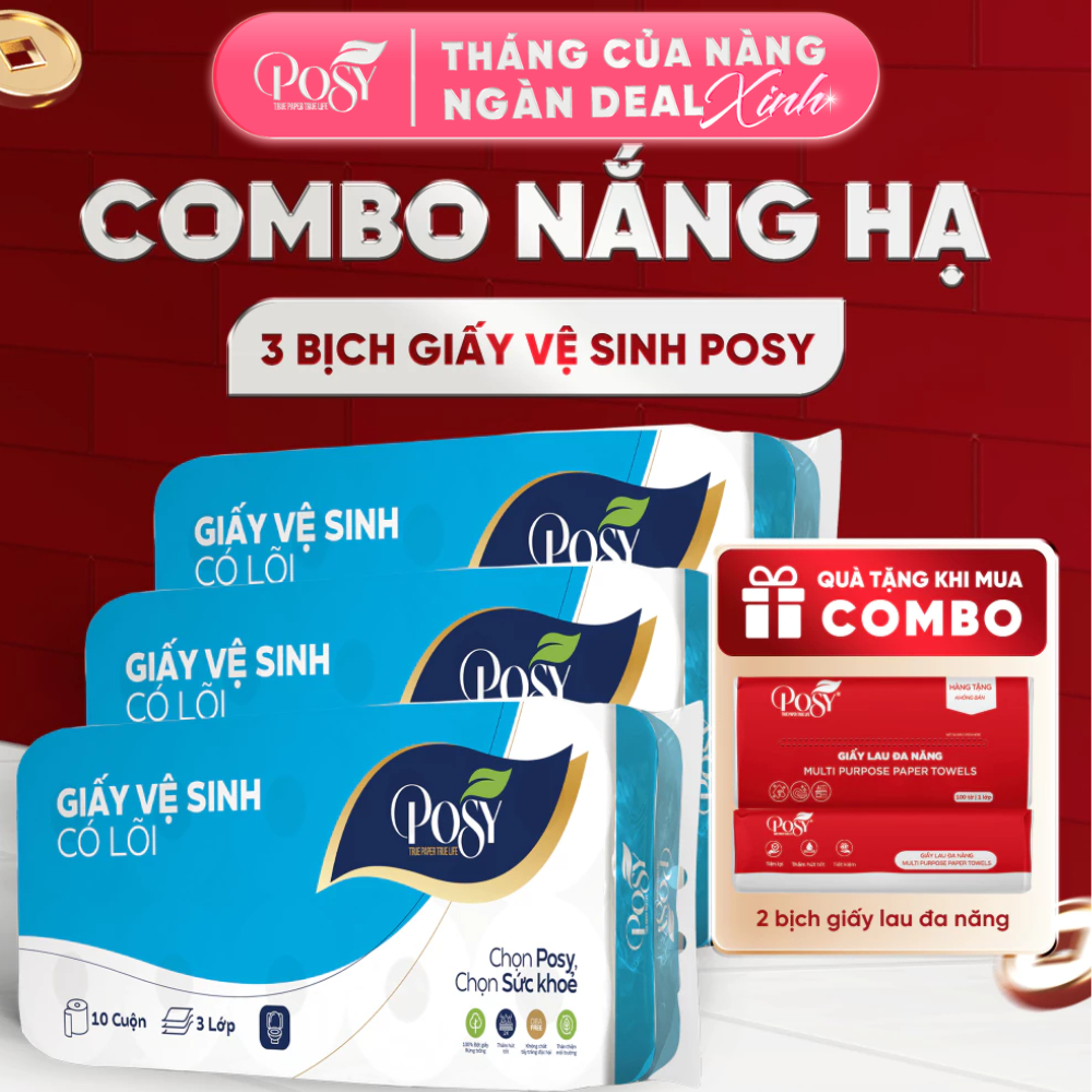 POSY_[MUA TẠI LIVE] Set 3 bịch giấy vệ sinh POSY 10 cuộn 3 lớp ko lõi/có lõi mềm mại dễ tan trong nước