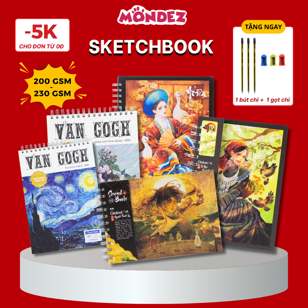 Sổ Vẽ Sketchbook Global Art 230GSM A4 A5, Sổ Vẽ Đa Chất Liệu Vangogh 60 Trang, Sổ Phác Thảo Ăn Chì Không Kỵ Tẩy