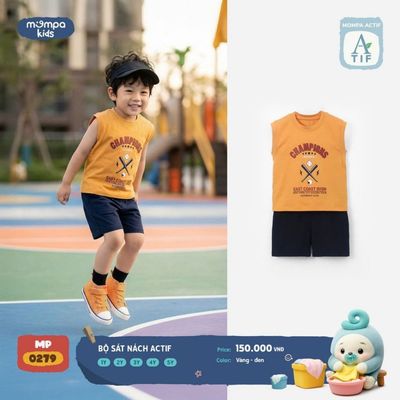Bộ ba lỗ cho bé Mompa sát nách 1-5 tuổi vải Cotton Actif co giãn thoáng mát nhanh khô DQ MP 0279