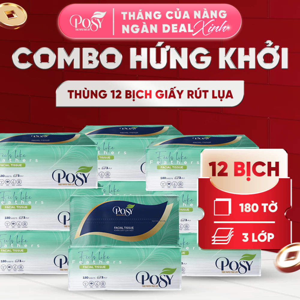 COMBO 12 GÓI Khăn giấy rút cao cấp POSY 180 tờ 3 lớp, mềm mịn tiện dụng
